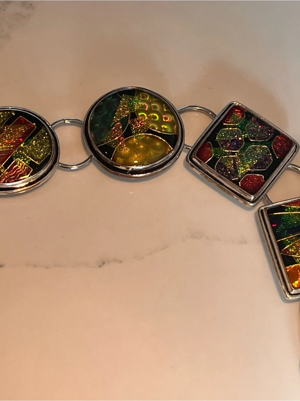 Vintage chicos dichroic art glass chain belt.  Silver tone chain.
